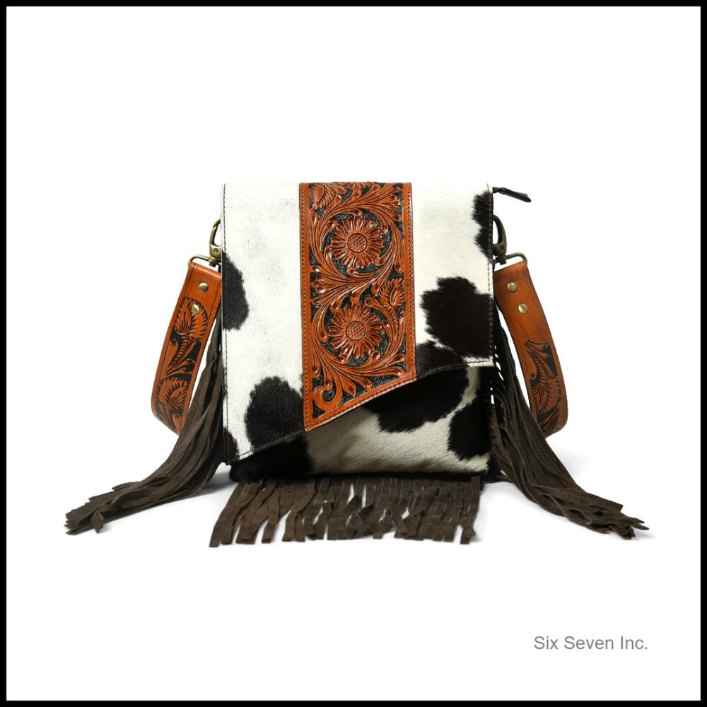 Handcrafted Hair-On Cowhide Leather Crossbody Bag with Suede Fringes